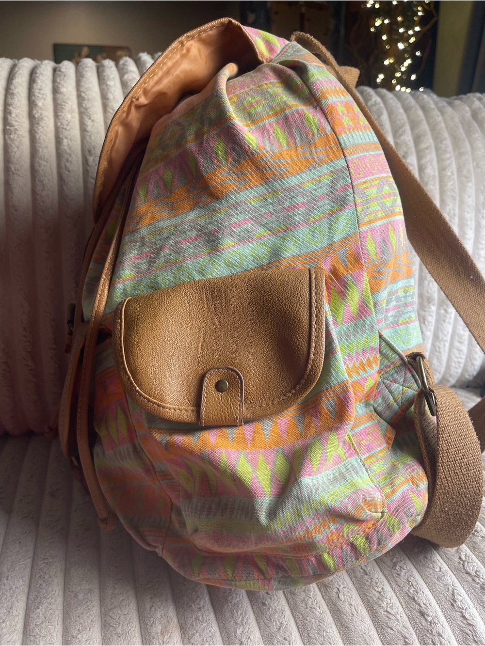 Mossimo Supply Co. Tan Leather-Trim Pastel Aztec Backpack - Picture 4 of 6